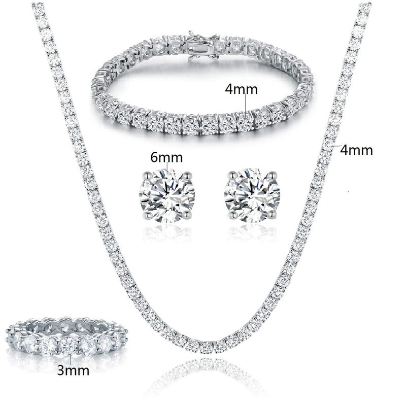Gemsme 18K White Gold Plated Tennis Necklace/Bracelet/Earrings/Band Ring Sets Hypoallergenic Jewelry Pack of 4 (6) - Image 2